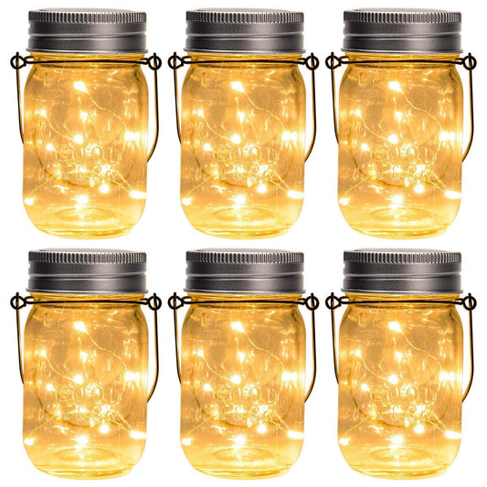 GIGALUMI Hanging Mason Jar Solar Lights, 6 Pack 30 Led Hanging Solar Lanterns Outdoor Waterproof, Hangers and Jars Included, Outdoor Decor for Balcony, Garden, Patio, Yard, Wedding