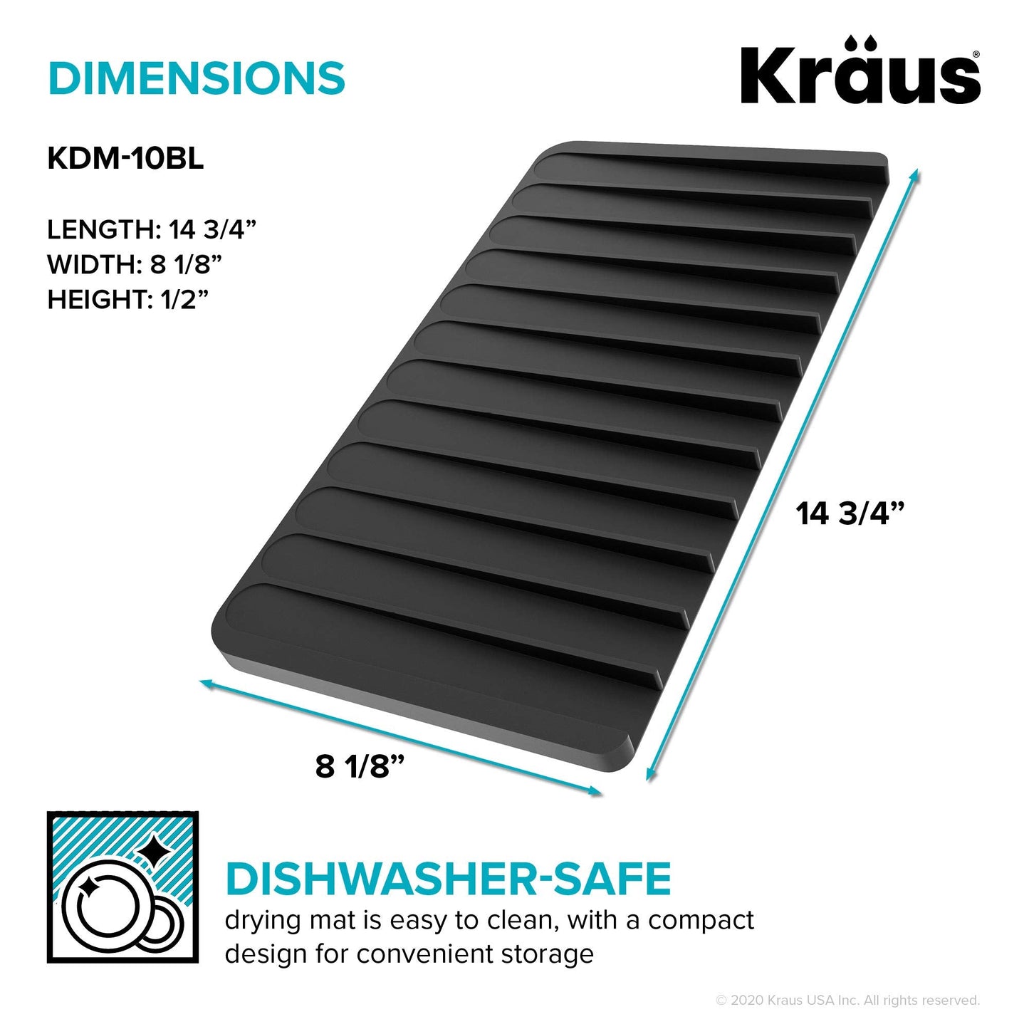 Kraus Self-Draining Silicone Dish Drying Mat or Trivet for Kitchen Counter in Black, KDM-10BL