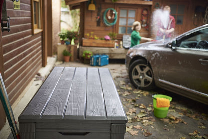 Keter Brightwood 120 Gallon Resin Large Deck Box for Patio Garden, Outdoor Cushion Storage, Pool Accessories, Tools, Grey