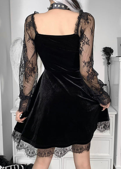 Goth Women Gothic Black Dress Dark V Neck Grunge Sexy Dress Aesthetic Autumn Vintage Long Sleeve Harajuku Mini Dress