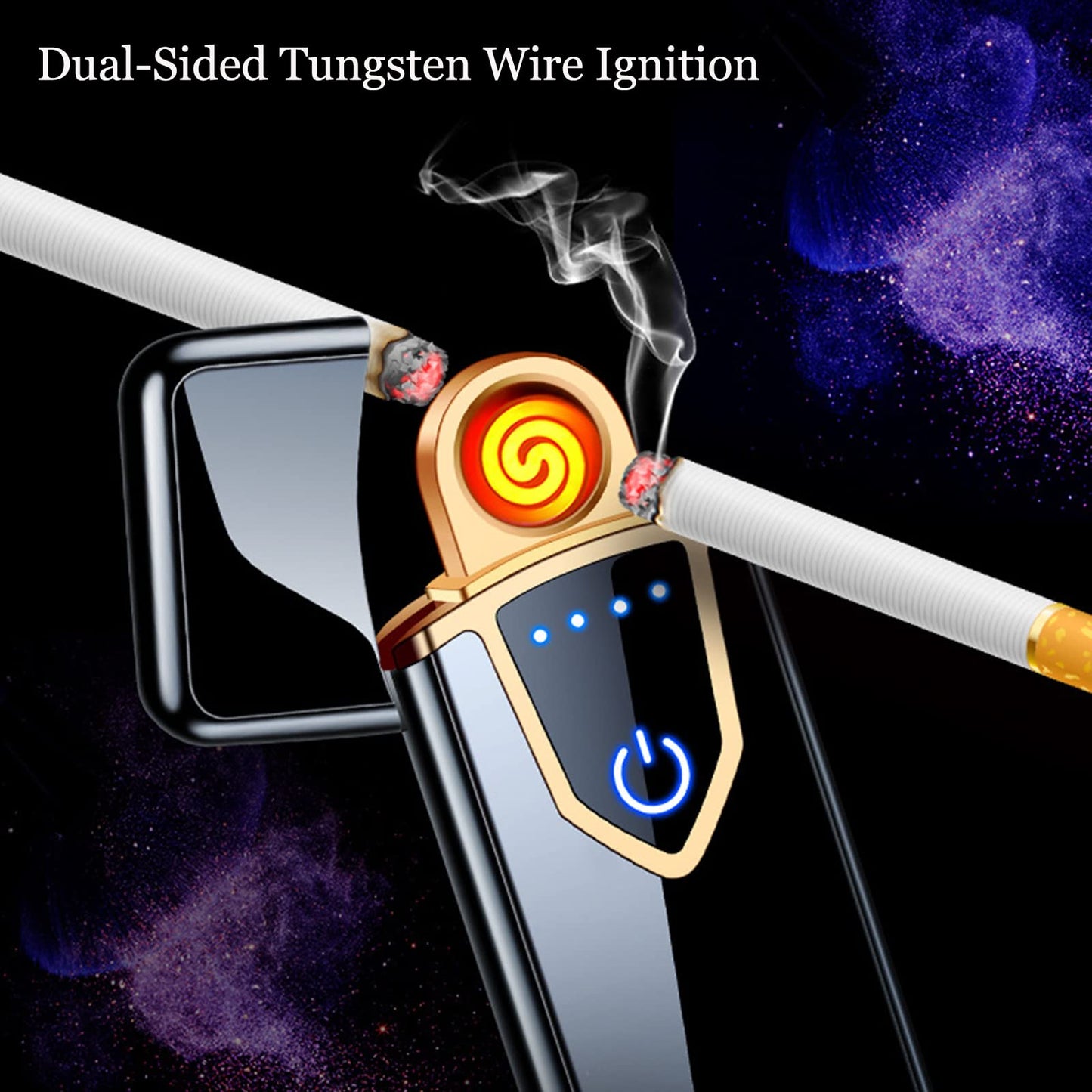 Electronic Lighter, Electric USB Lighter Windproof Rechargeable Slim Coil Lighter with Smart Fingerprint Sensor Double Side Ignition,Creative Power Indicator Flameless Boyfriends Gifts(Gold)