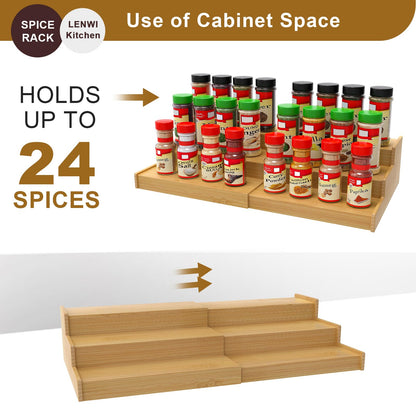 Lenwi Spice Rack Organizer for Cabinet 2Pack, 3 Tier Expandable Bamboo Spice Storage, Great for Kitchen Cabinet, Cupboard,Pantry and More(Natrual)