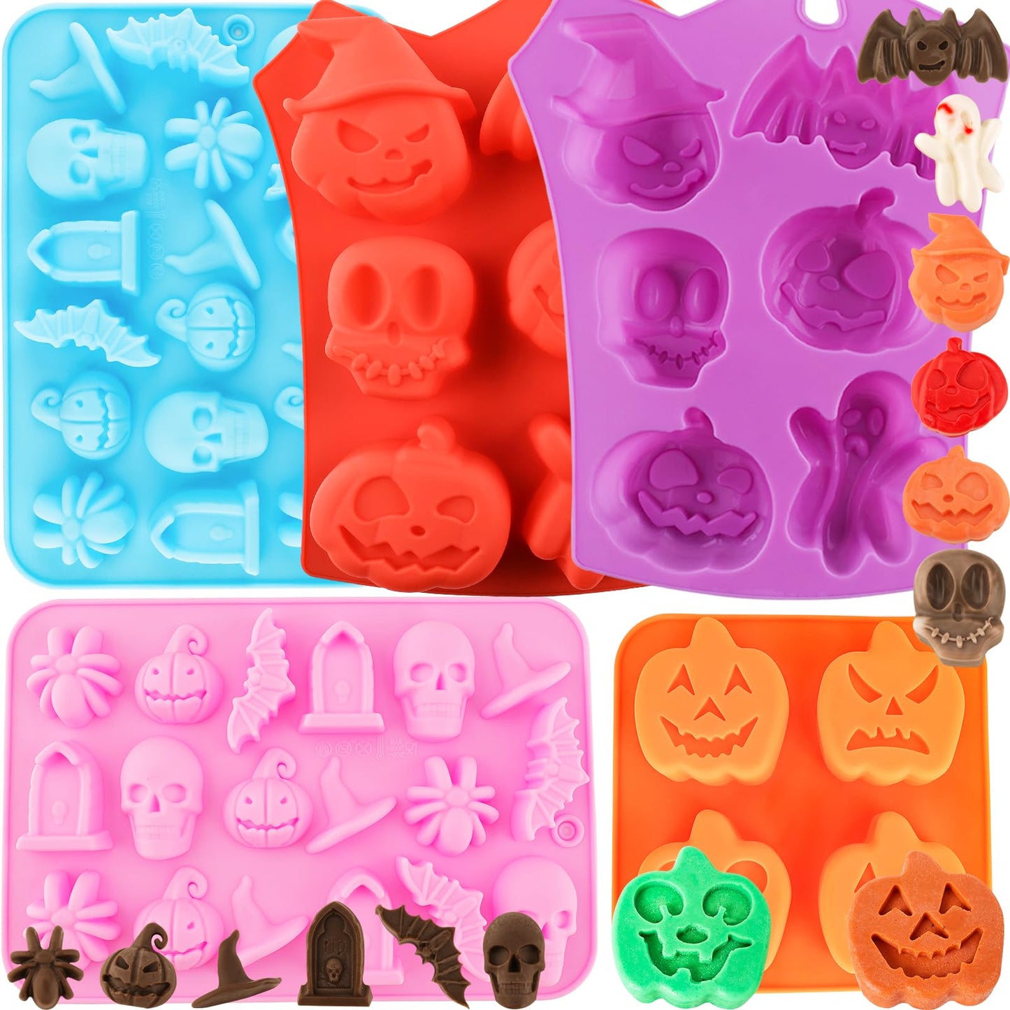 Halloween Silicone Chocolate Molds 5PCS Pumpkin Bat Skull Ghost Spider Shape Baking Molds Large Medium Small Cavity for Chocolate Jelly Soap Fondant Candy Candles Pastry Gummies Cake Decorating