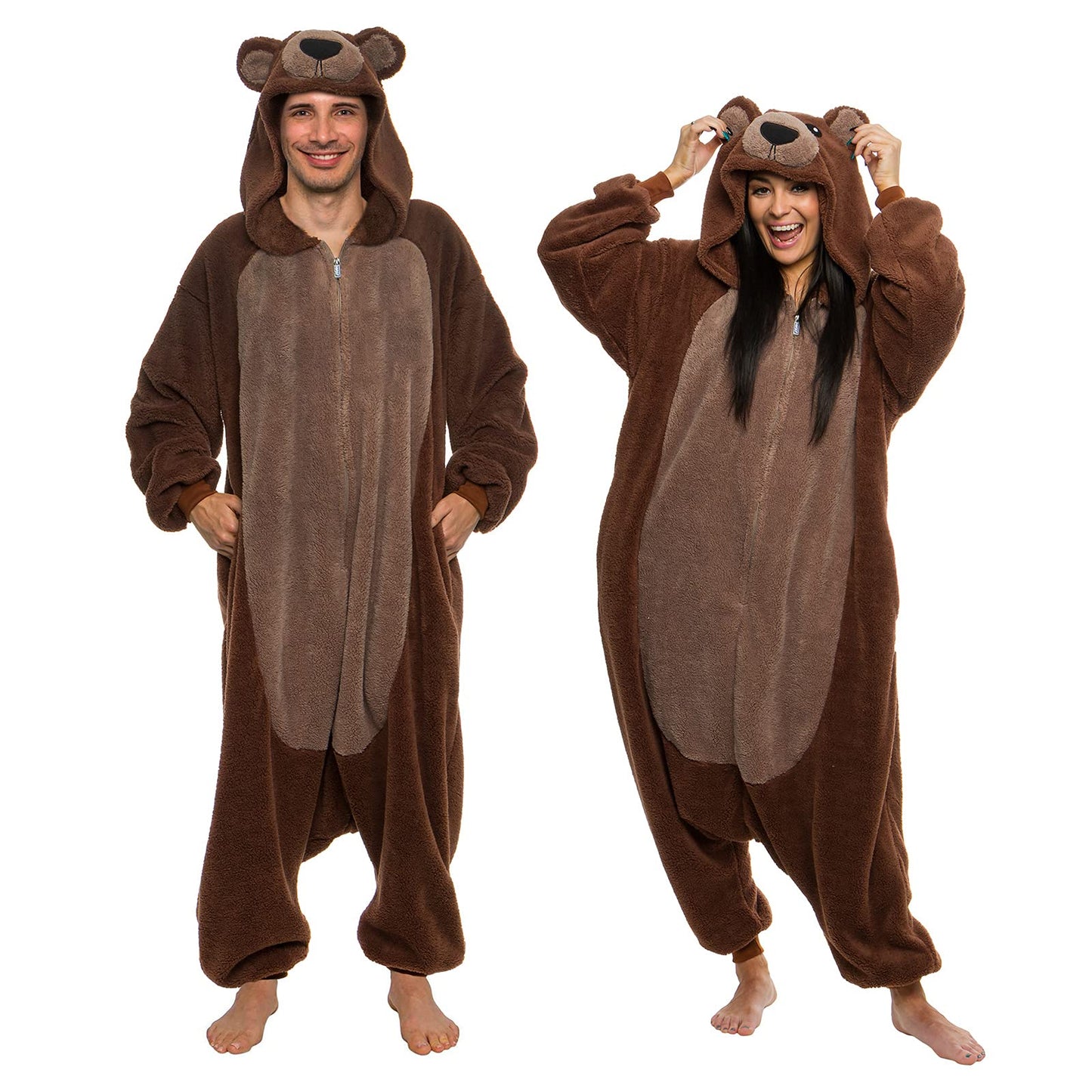 Funziez! Sherpa Bear Adult Onesie - Animal Halloween Costume - Plush Teddy One Piece Cosplay Suit for Adults, Women and Men(Brown, XX-Large)