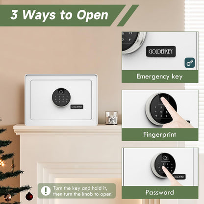 Goldenkey Luxury Jewelry Safe with Fingerprint&Keypad Lock, Document Safe Box with Soft Velvet Lining, Removable Shelf, High Security for Home Office, Hotel, 1.2 Cu.Ft.