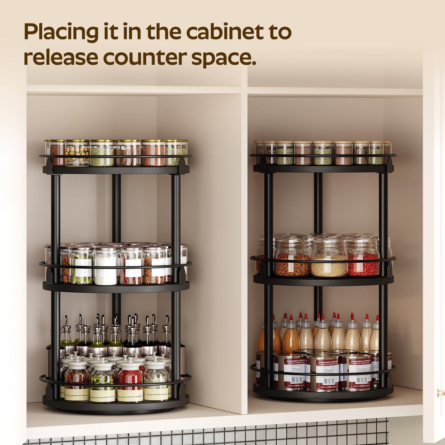 3-Tier Lazy Susan Organizer, Rotating Spice Rack, Spinning Organizer, Industrial Turntable Spice Rack Organizer for Cabinet, Kitchen Countertop, Pantry, Rustic Brown and Black SR23BR