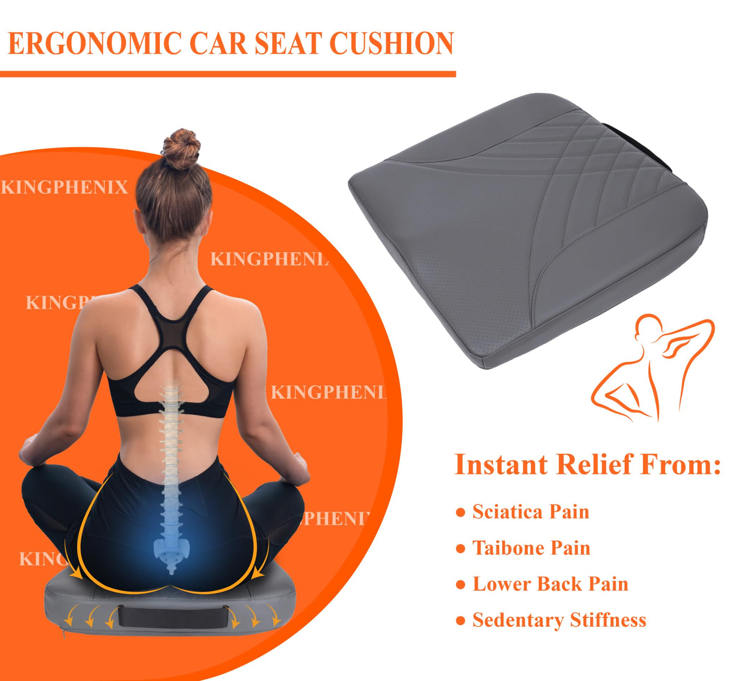 kingphenix Premium Car Seat Cushion, Memory Foam Driver Seat Cushion to Improve Driving View- Coccyx & Lower Back Pain Relief- Seat Cushion for Car, Truck, Office Chair (Dark Grey)