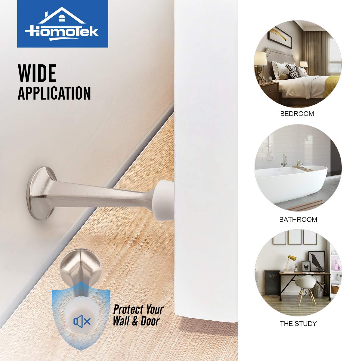 HOMOTEK 4 Pack Heavy Duty Solid Rigid Door Stop with Soft Rubber Tip, Zinc Die Cast Door Stopper Protect Wall & Door, Satin Nickel