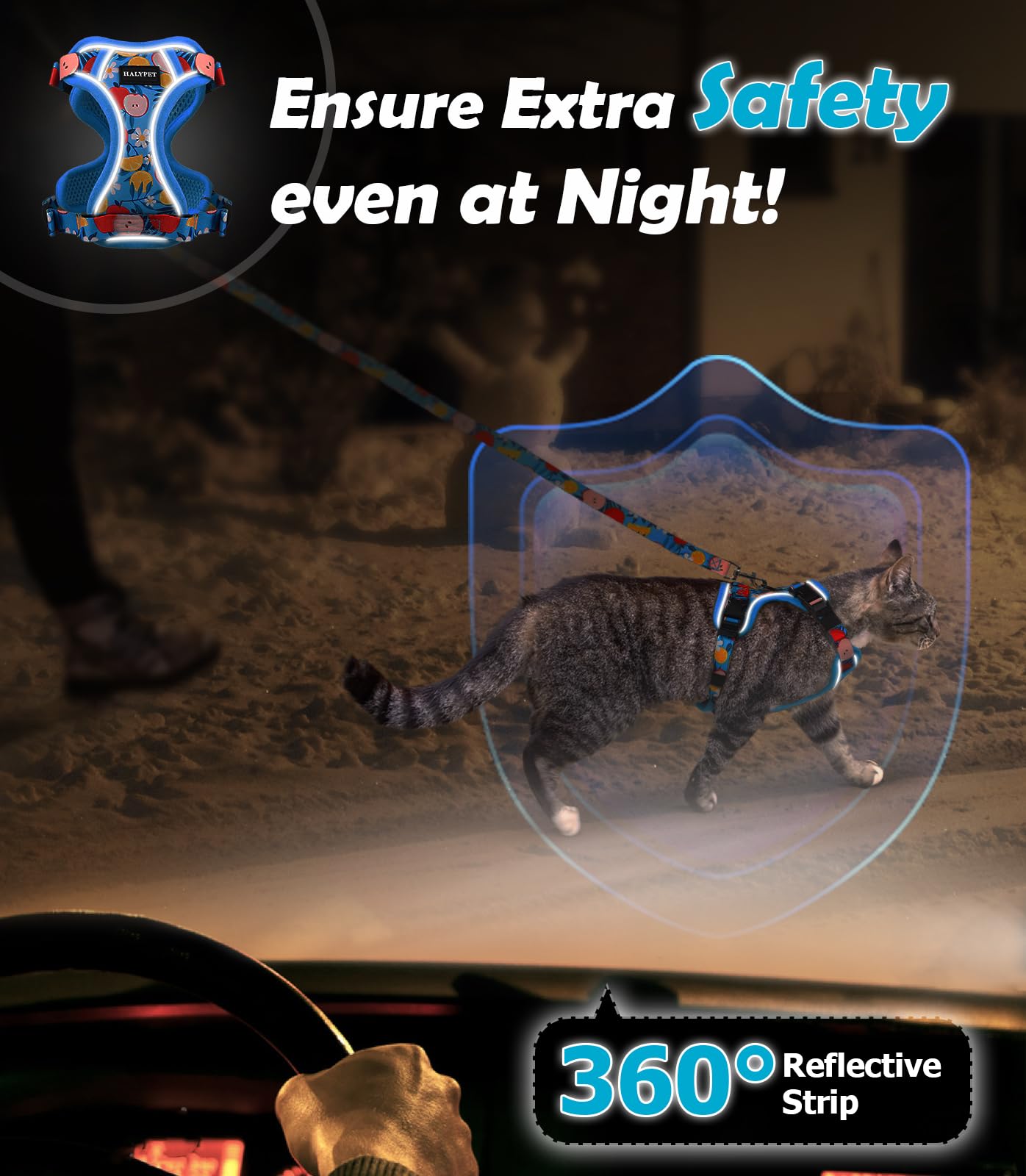 Halypet Cat Harness and Leash Set[MAX Safety 4th-Gen] Cute Escape Proof Vest Harness for Girl&Boy Cat Walking, Comfortable Adjustable Leash and Reflective Strips for Outdoor Kitten, S Azure Floral