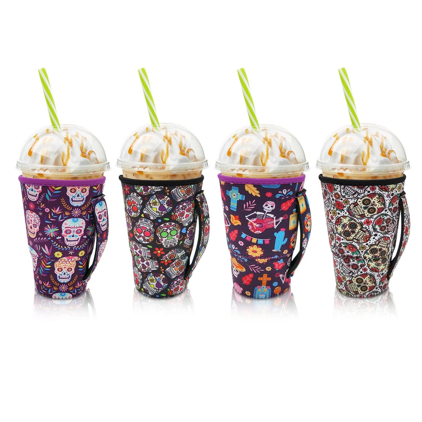 4Pack Reusable Iced Coffee Sleeve Insulator Sleeves for Cold Drinks Beverages, Neoprene Cup Holder for Most Coffee, Fits 30-32oz Large Cups (Sugar Skull with handle)