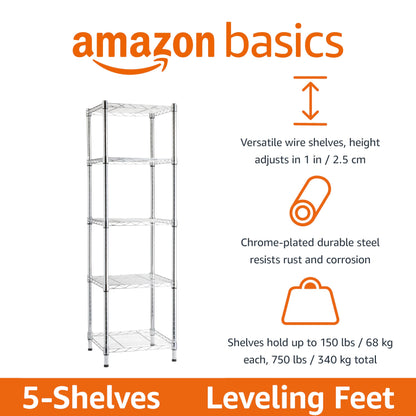 Amazon Basics 3-Shelf Adjustable Heavy Duty Steel Wire Rack Storage Shelving Organizer for Kitchen, Garage, 23.2" L x 13.4" W x 30" H, Black