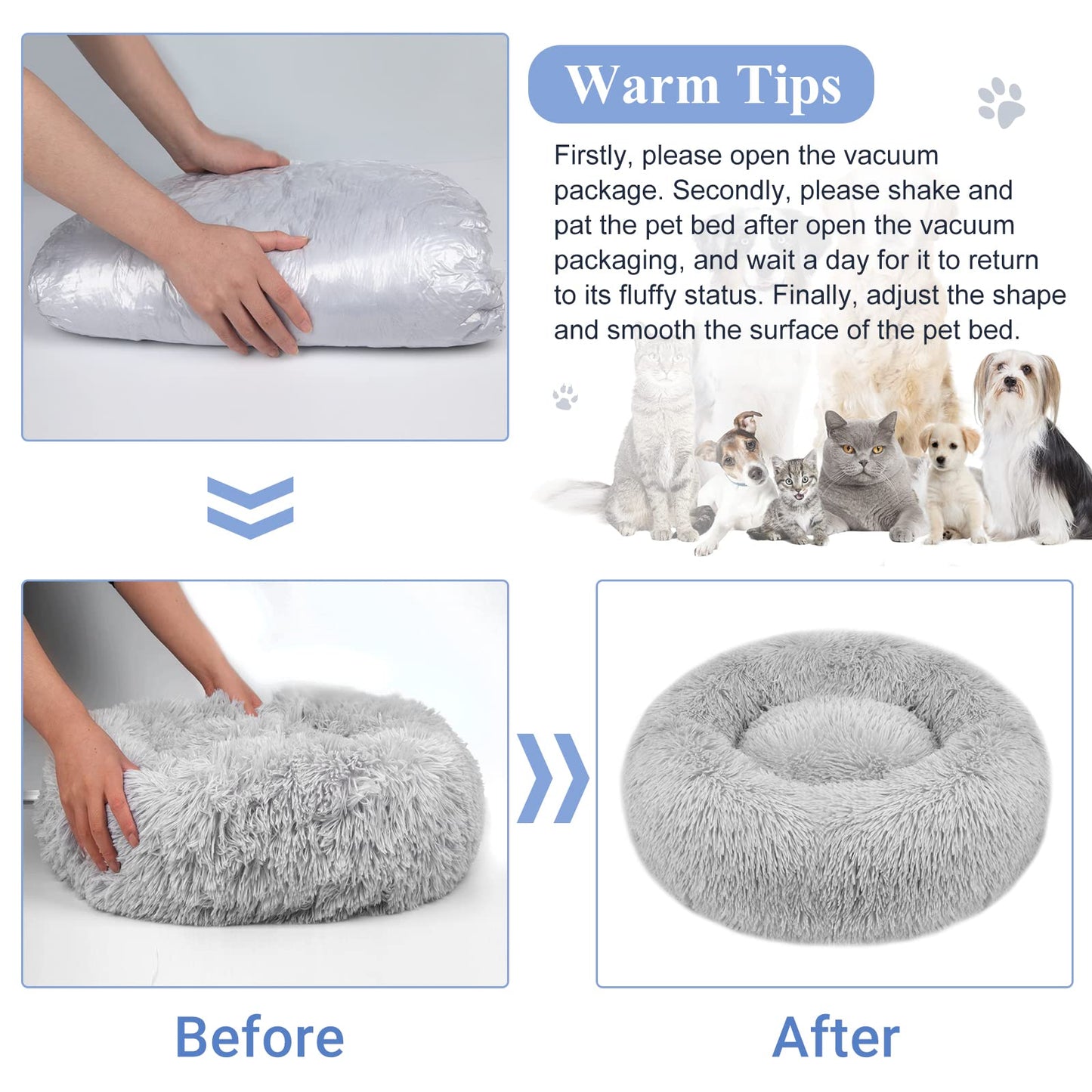 Donut Dog Bed Extra Large Washable - Anti Anxiety Calming Cosy Fluffy Plush Puppy Kitten Round Super Soft Snuggle Pet Cat Beds for Indoor Cats: Light Grey 80cm