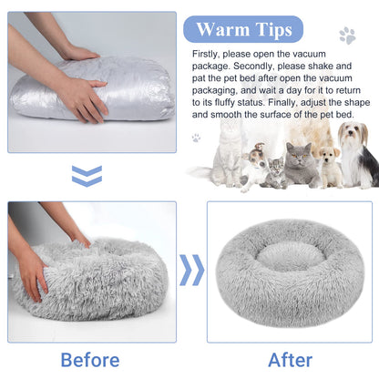 Donut Dog Bed Extra Large Washable - Anti Anxiety Calming Cosy Fluffy Plush Puppy Kitten Round Super Soft Snuggle Pet Cat Beds for Indoor Cats: Light Grey 80cm