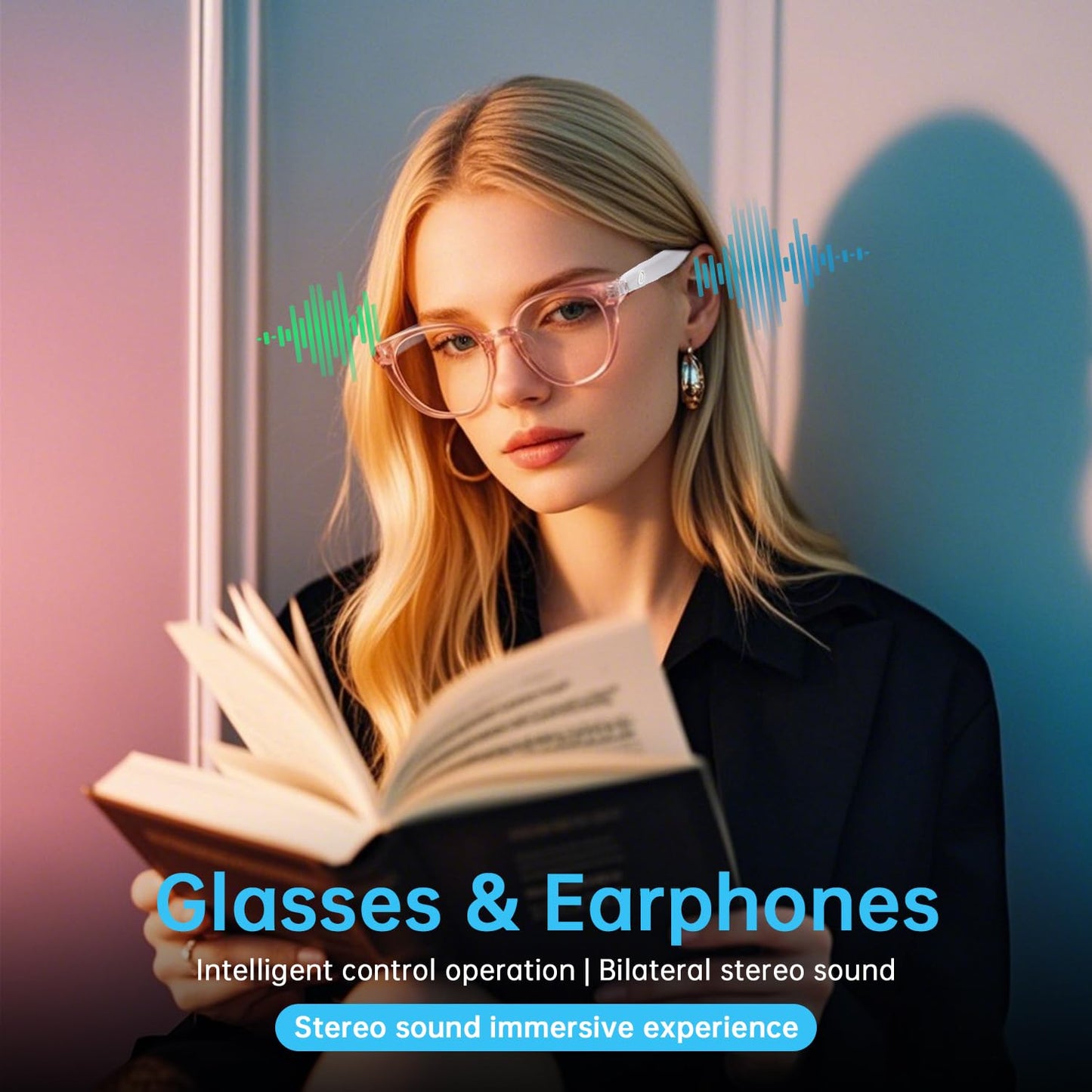 GenXenon Smart Glasses, Clear Frame Blue Light Glasses for Woman, Magnetic Charging,Remote Photography, Open-Ear Design, Voice Assistant, 5.3 Bluetooth with Audio Mic for Working Gaming (GS03-C)