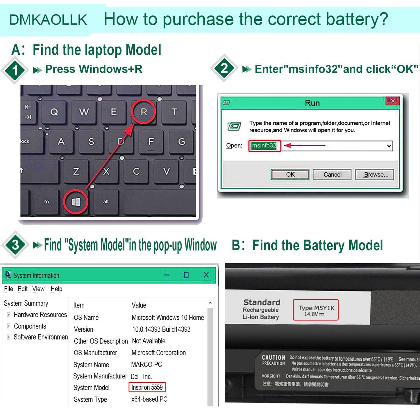 40WH M5Y1K 14.8V Battery for Dell Inspiron 14 15 17 5000 3000 Series 5559 5558 3551 3451 3558 i3558 3567 5755 5756 5458 5759 5758 5759 GXVJ3 453-BBBQ WKRJ2 VN3N0 HD4J0 991XP P63F P47F P51F P52F P64G