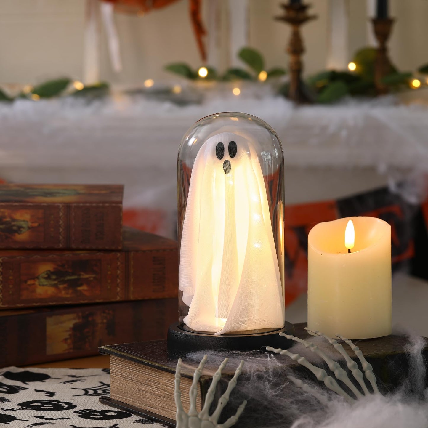Halloween Decor-Halloween Decorations Indoor-Light Up Ghost in Glass Cloche-Cute Ghost with Light for Home Kitchen Mantel Tabletop Party Decor and Holiday Decorations