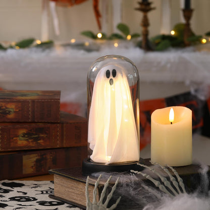 Halloween Decor-Halloween Decorations Indoor-Light Up Ghost in Glass Cloche-Cute Ghost with Light for Home Kitchen Mantel Tabletop Party Decor and Holiday Decorations
