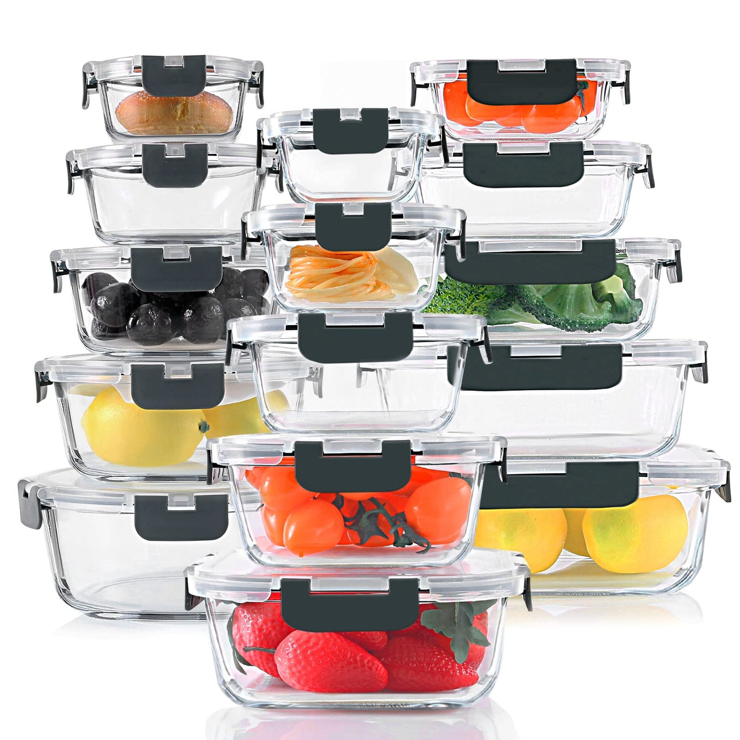 KOMUEE 30 Pieces Glass Food Storage Containers Set, Glass Meal Prep Containers Set with Snap Locking Lids, Airtight lunch Containers for Microwave, Oven, Freezer & Dishwasher,Gray
