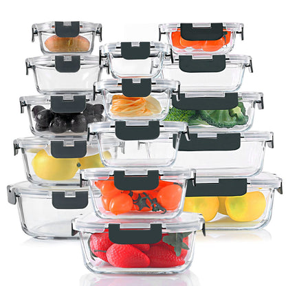 KOMUEE 30 Pieces Glass Food Storage Containers Set, Glass Meal Prep Containers Set with Snap Locking Lids, Airtight lunch Containers for Microwave, Oven, Freezer & Dishwasher,Gray