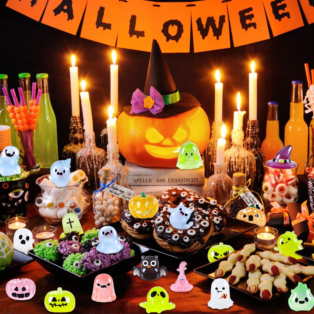DIYDEC 32PCS Halloween Luminous Mini Figures - 32 Styles Glow in The Dark Tiny Resin Miniatures - Pumpkin Skull for Party Favors, Bag Fillers, Garden, Dollhouse Decor