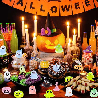 DIYDEC 32PCS Halloween Luminous Mini Figures - 32 Styles Glow in The Dark Tiny Resin Miniatures - Pumpkin Skull for Party Favors, Bag Fillers, Garden, Dollhouse Decor