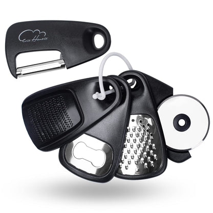Kitchen Gadgets Set 5 Pieces, Space Saving Cooking Tools Kitchen Accessories - Fruit/Vegetable Peeler, Cheese/Chocolate Grater, Bottle Opener, Pizza Cutter, Garlic/Ginger Grinder Gift Set (Black)