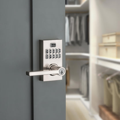 Kwikset SmartCode 917 Keypad Keyless Entry Contemporary Residential Electronic Lever Lock Deadbolt Alternative with Halifax Door Lever and SmartKey Security, Satin Nickel