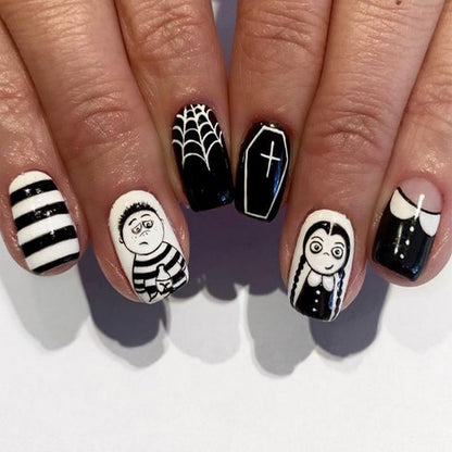 Halloween Horror Press on Nails Glossy Fake Nails Black White Stripe Spider Web Halloween Nail Art Designs Square Short False Nails Reusable Artificial Nails Full Cover Glue on Nails for Women 24 Pcs