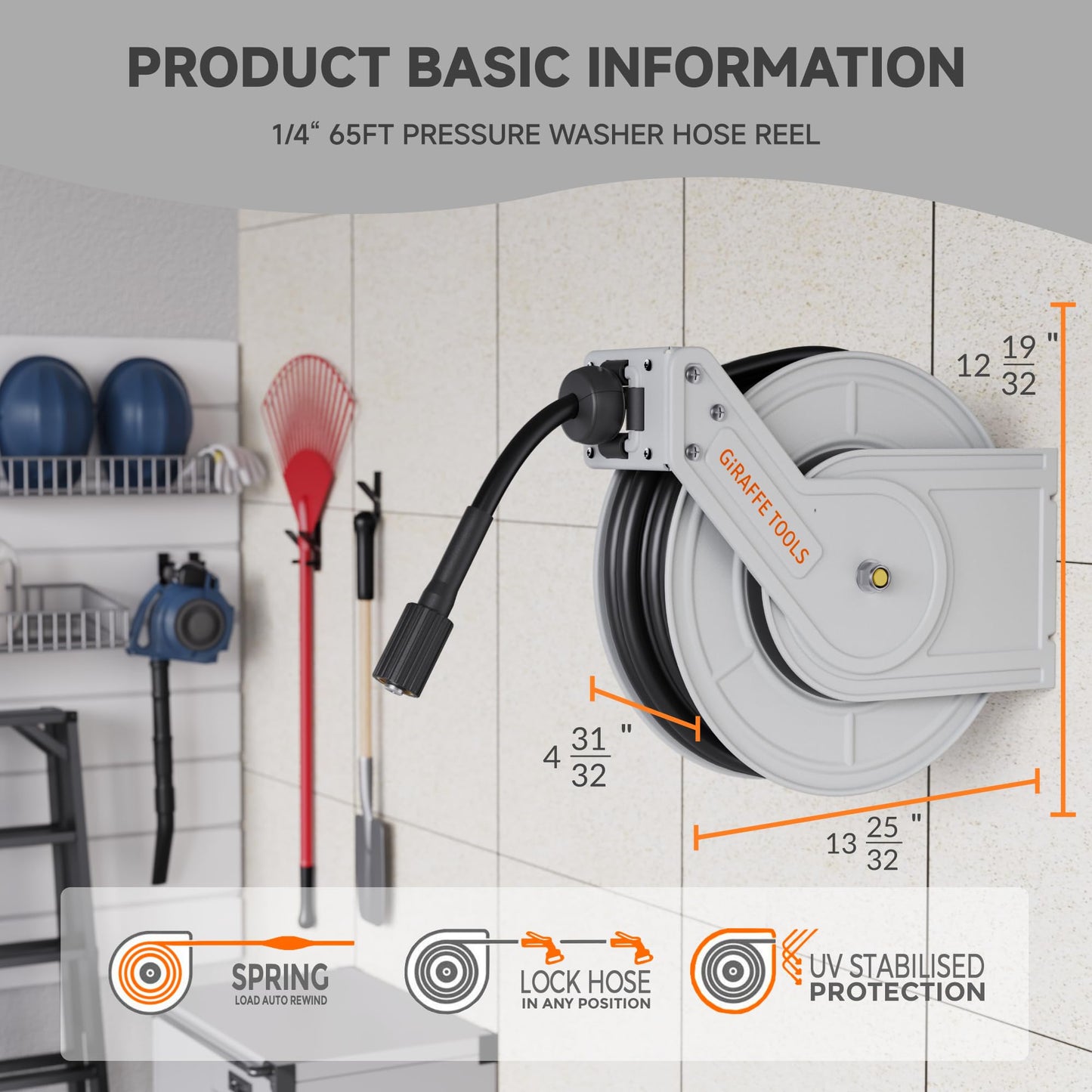 Giraffe Tools Pressure Washer Hose Reel 65ft, Power Washer Hose Reel, Pressure Washer Retractable Hose Reel, Heavy Duty, Wall/Floor Mounted, 3200 PSI, Silver