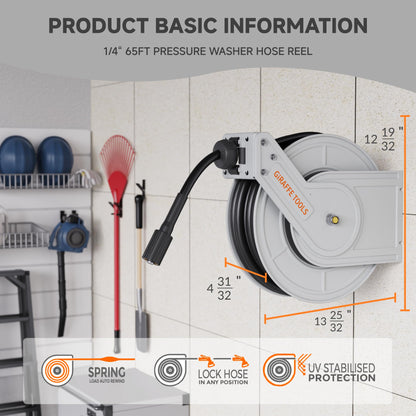 Giraffe Tools Pressure Washer Hose Reel 65ft, Power Washer Hose Reel, Pressure Washer Retractable Hose Reel, Heavy Duty, Wall/Floor Mounted, 3200 PSI, Silver