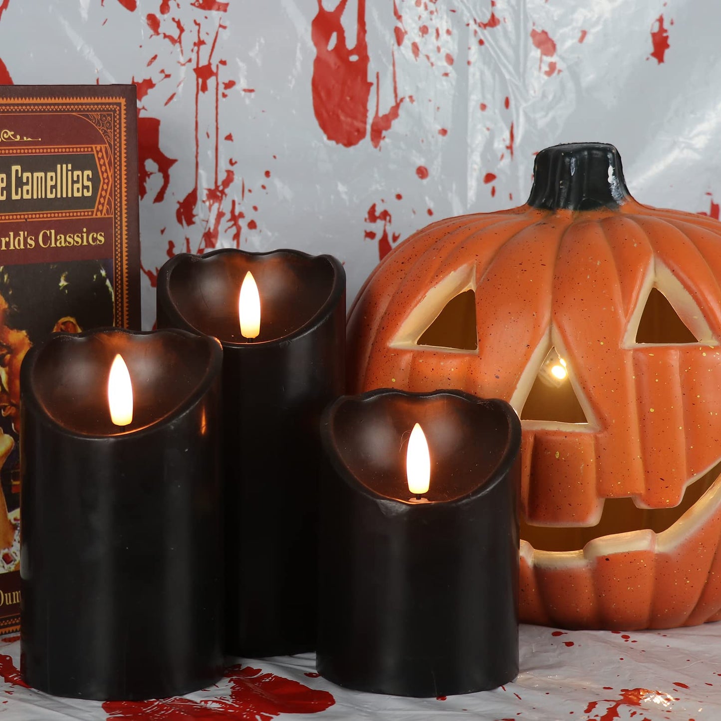 Eldnacele Black Flameless Flickering Candles with 6H Timer, 3D Wick Realistic Battery Operated Real Wax LED Pillar Candles Set of 3 Home Wedding Party Halloween Decoration(D3” x H4”5”6”)