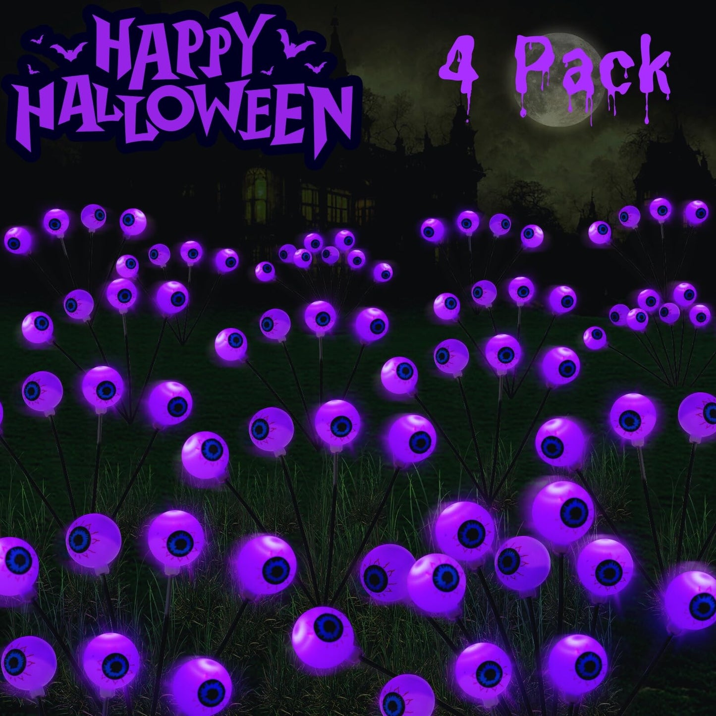 4 Pack Halloween Decorations Outdoor Lights - 32LED Solar Scary Eyeball Pathway Light Swaying by Wind, Waterproof Solar Halloween Stake Lights for Garden Porch Lawn Pathway (Purple)