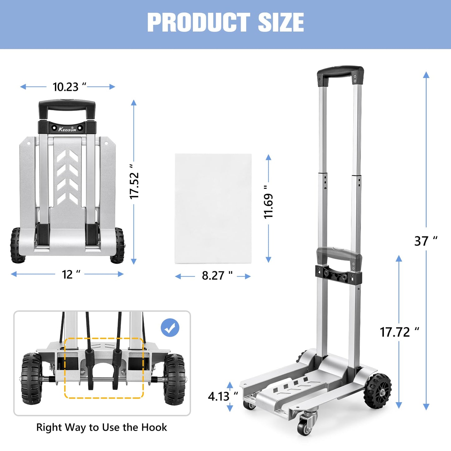 KEDSUM 270LBS Utility Luggage Cart with 4 Wheels, 100% Aluminum Hand Truck Dolly, Folding Hand Truck with Advanced Tank Wheels, Portable Dolly Cart for Luggage, Travel, Shopping, Office Use