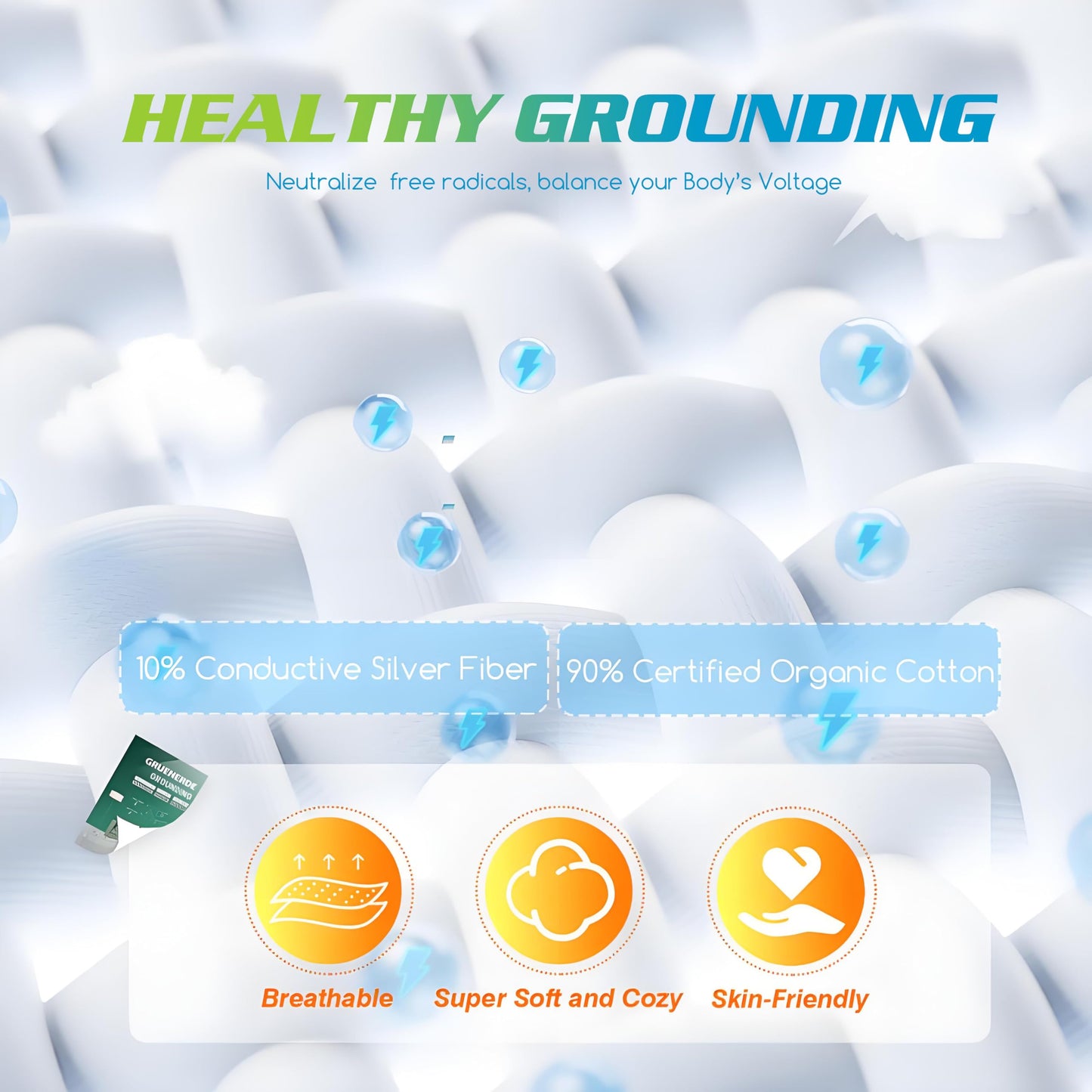 Grounding Pillowcase Queen Conductive Grounding Mat with 15ft Grounding Cord 20x30in Sleep Therapy Relieve Stress Increase Energy Gray