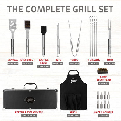 Kaluns Grilling Accessories, Dad Gifts for Fathers Day Grilling Gifts, Heavy Duty Stainless Steel BBQ Grill Tools Set for Outdoor Grill with Aluminum Case and Apron, Dad Birthday Gifts for Men Husband