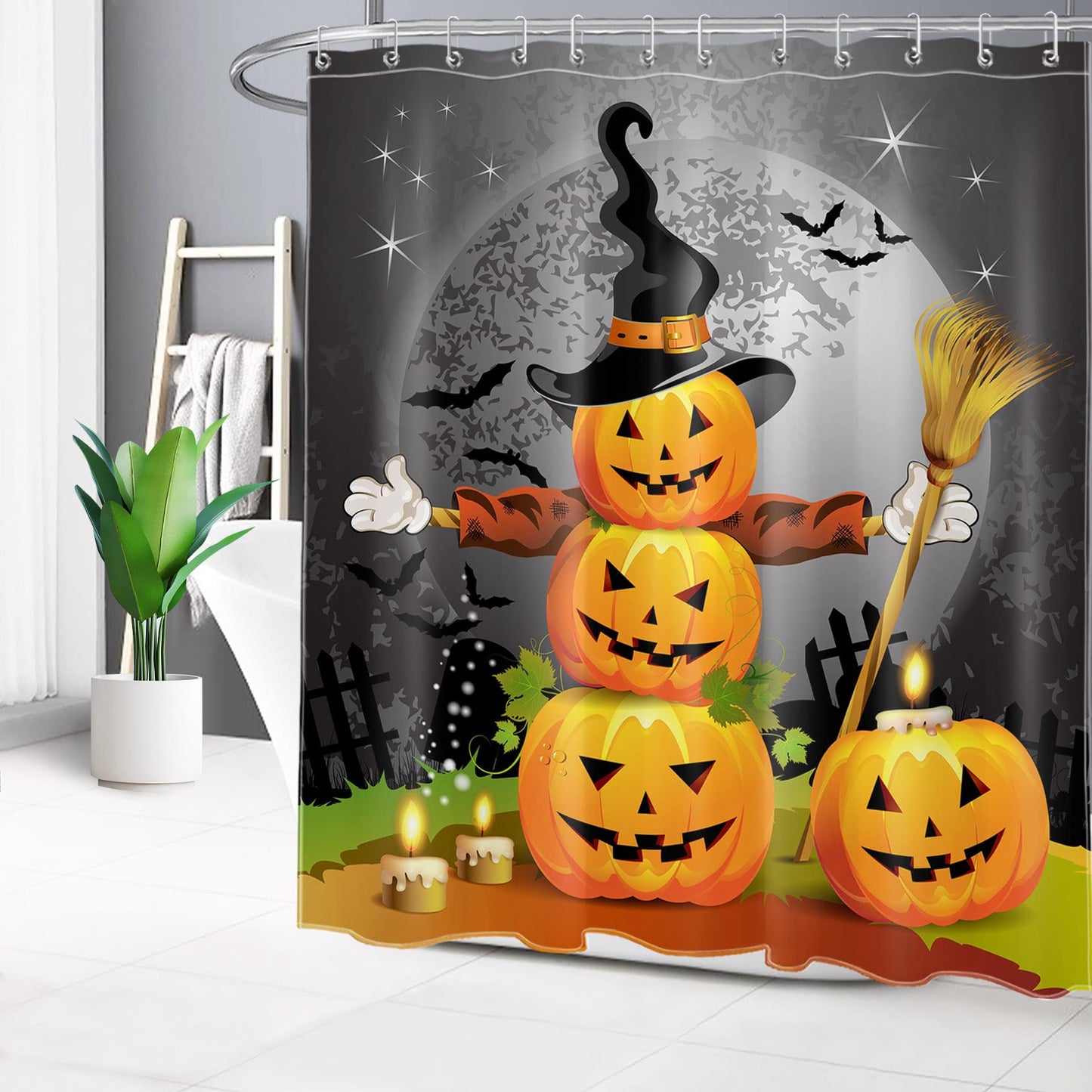 LB Halloween Pumpkins Shower Curtain Set Magic Hat Ghost Broom Bathroom Curtain Party Decor,Bath Curtain Hooks Include,72x72 inch Waterproof Polyester Fabric