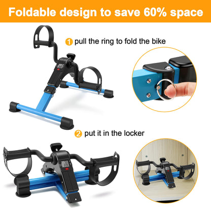 Folding Exercise Bike Pedal Exerciser Portable Desk Bike with LCD Display for Arms and Legs Workout (BLUE)