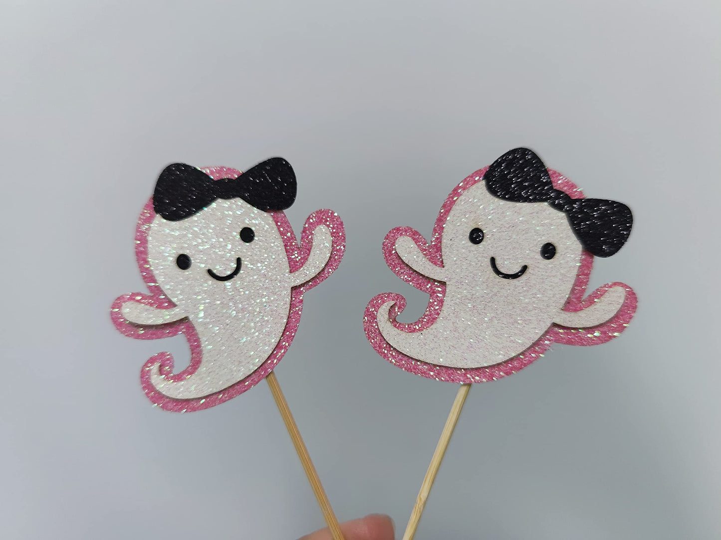Ghost Cupcake Toppers Pink Glitter, Halloween Ghost Birthday Baby Shower Cupcake Toppers Ghost Food Cupcake Picks for Pink Halloween Baby Shower Birthday Party Cake Supplies - 24Pcs