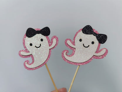 Ghost Cupcake Toppers Pink Glitter, Halloween Ghost Birthday Baby Shower Cupcake Toppers Ghost Food Cupcake Picks for Pink Halloween Baby Shower Birthday Party Cake Supplies - 24Pcs