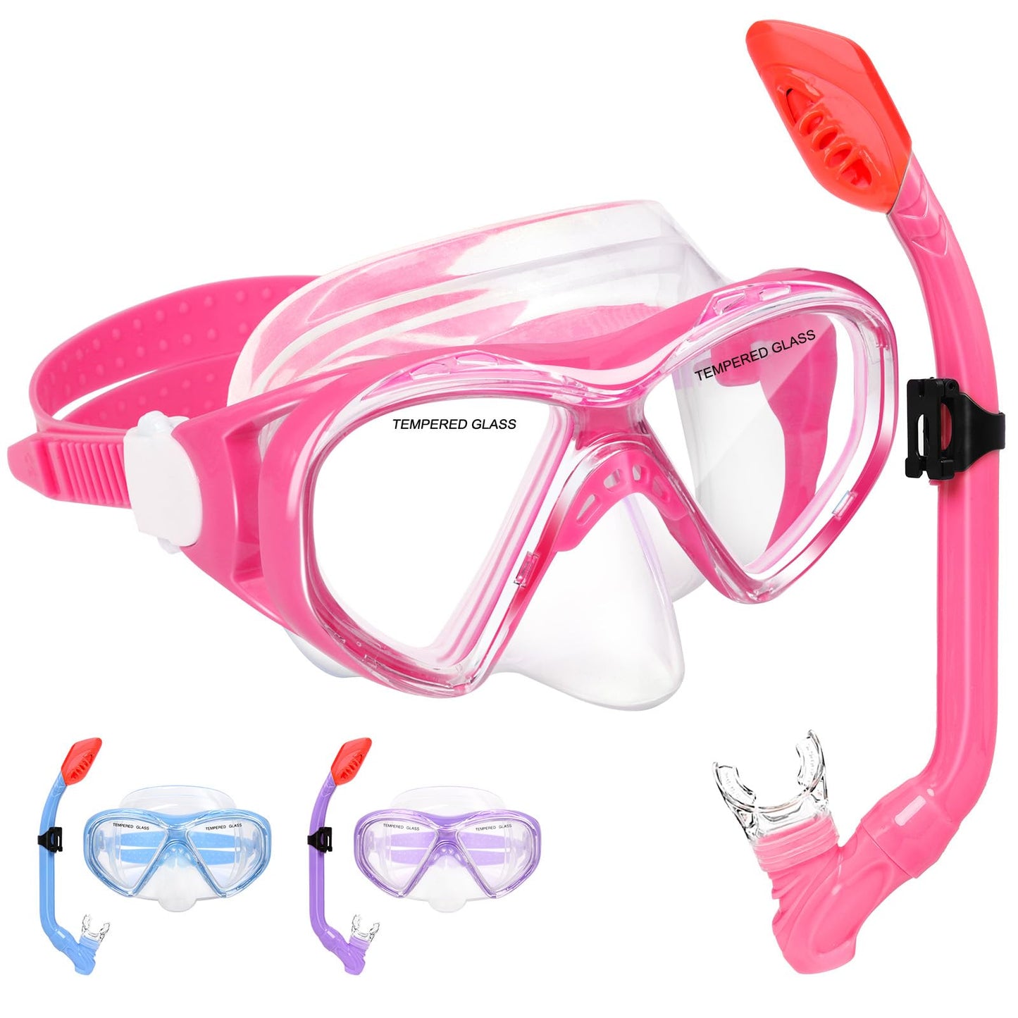 Kids Snorkel Set Dry Top Snorkeling Gear for Kids Youth Boys Girls Junior Age 5-15,Tempered Glass Swimming Diving Mask and Snorkel Set 180 Degree Panoramic View (Light Pink)