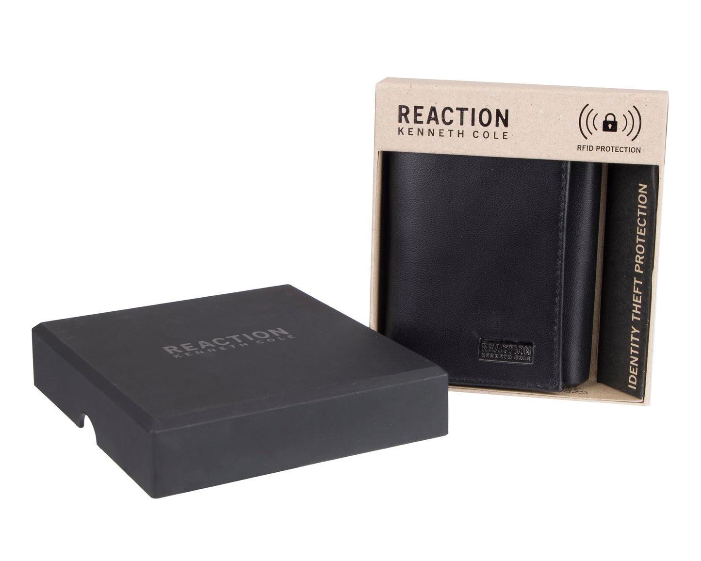 Kenneth Cole Reaction Men's Wallet - RFID Genuine Leather Slim Trifold with ID Window and Card Slots, Black Plaque