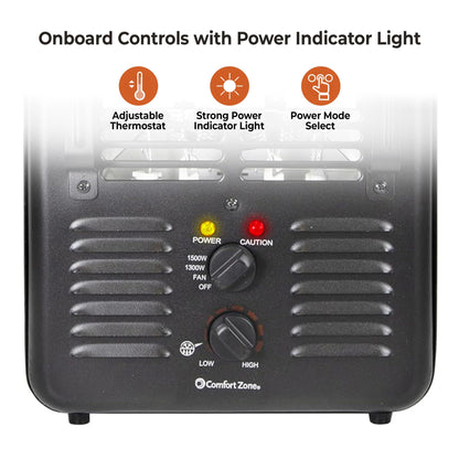 Comfort Zone Electric Portable Utility Space Heater with Adjustable Thermostat, Overheat Protection, & Tip-Over Switch, 1500W, CZ799BK