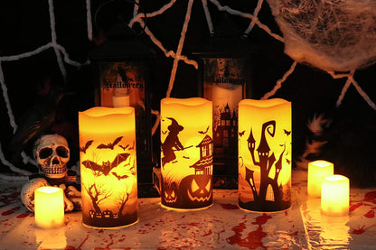 DRomance Flameless Candles Battery Operated with 6 Hour Timer, Halloween Decals Real Wax LED Flickering Pillar Candles Set of 3 Indoor Halloween Window Table Decor(3 x 6 Inches)