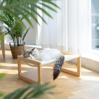 FUKUMARU Cat Bed with Removable Cover, Plush Velvet Couch for Indoor Cats, Wooden Feline Hammock, 21 x 16.5 Inch Kitten Sofa, Suitable for Kitty, Dog, Bunny and Small Animal, White