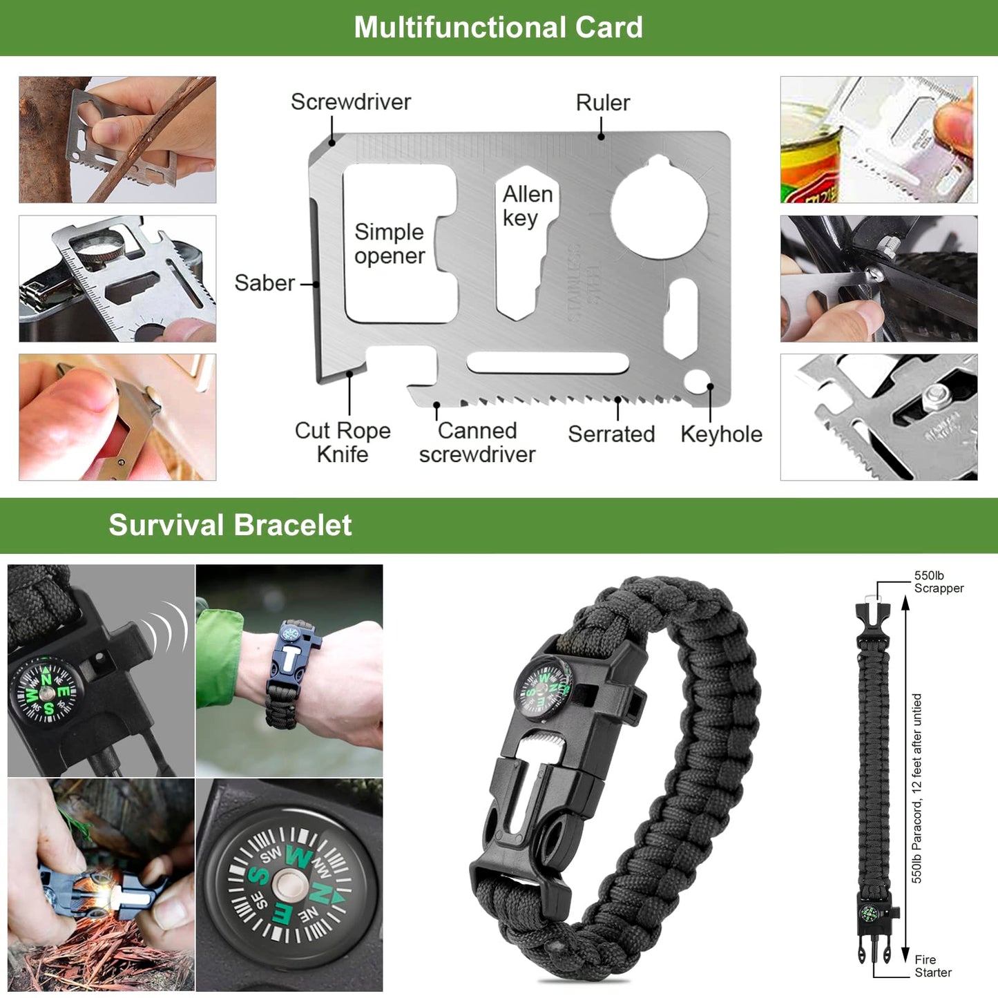 Gearedt Survival Kit, 16 in 1 Professional Survival Gear Tool Emergency Tactical First Aid Equipment Supplies Kits Gifts Idear for Men Him Women Families Hiking Camping Fishing Adventures