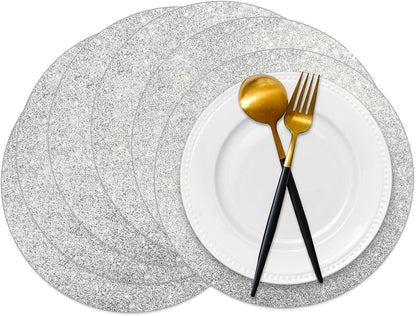 Datyiiha 50 Pieces Silver Glitter Paper Place Mats Sparkle 14'' Round Disposable Table Mats Silver Sequin Doilies Decorative Placemats for Wedding Banquet Party Home Dining Tableware