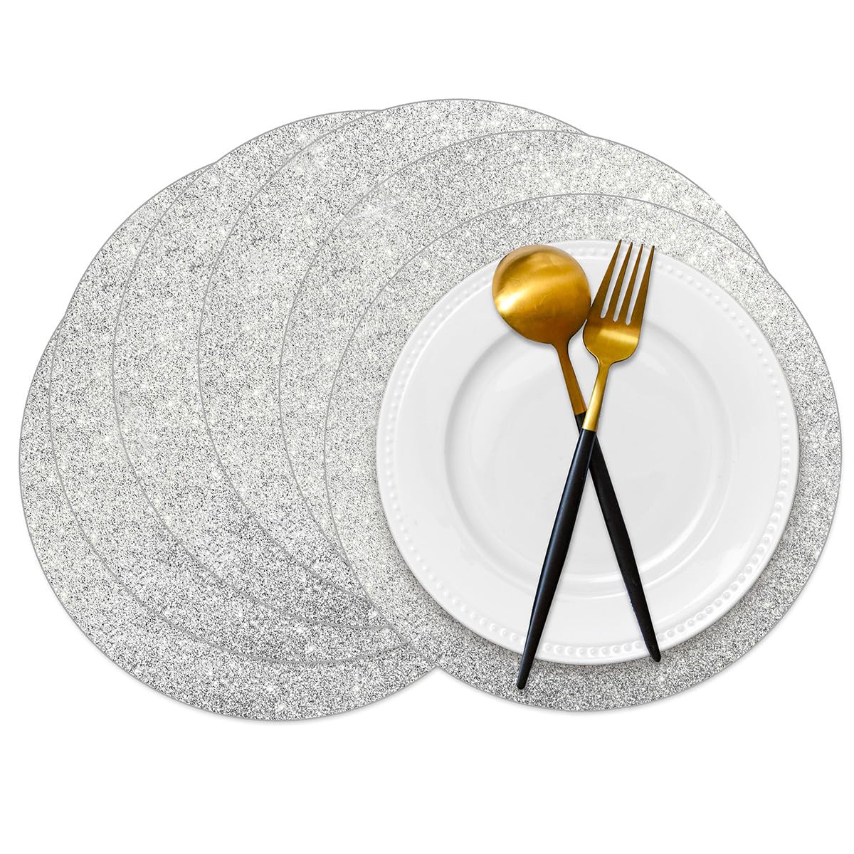 Datyiiha 50 Pieces Silver Glitter Paper Place Mats Sparkle 14'' Round Disposable Table Mats Silver Sequin Doilies Decorative Placemats for Wedding Banquet Party Home Dining Tableware