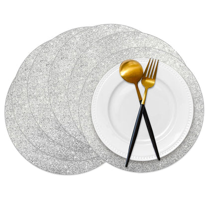 Datyiiha 50 Pieces Silver Glitter Paper Place Mats Sparkle 14'' Round Disposable Table Mats Silver Sequin Doilies Decorative Placemats for Wedding Banquet Party Home Dining Tableware