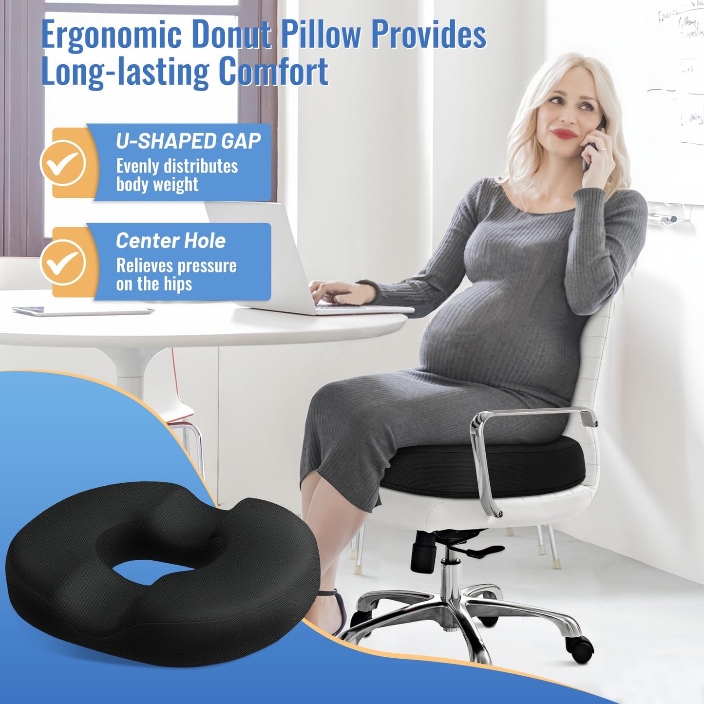 Donut Pillow Seat Cushion Chair Pad for Tailbone Pain Relief and Hemorrhoids, Memory Foam Seat Chair Cushion for Postpartum Pregnancy, Seat Cushions for Men and Women for Home & Office, (Black)