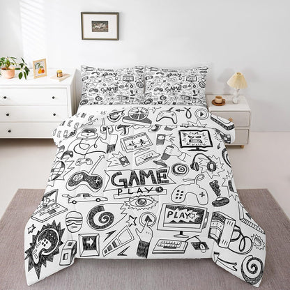 Erosebridal Gaming Comforter Set, Kids Gamepad Cartoon Bedding Set Video Games Gamers Duvet Set Queen Hip Hop Graffiti Quilt Set Racing Car Comforter Set, Black White Printed Bedroom Decor